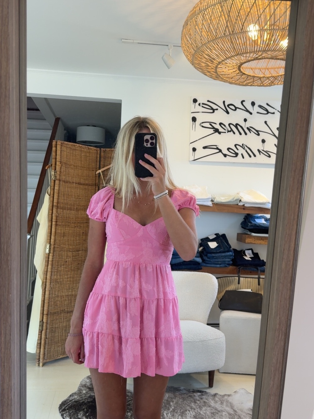 Show Me Your Mumu pink embroidered puff sleeve Cathy mini dress